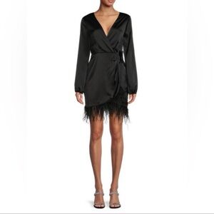 WAYF Black Feather Trim Faux Wrap
Mini Dress (NWT)